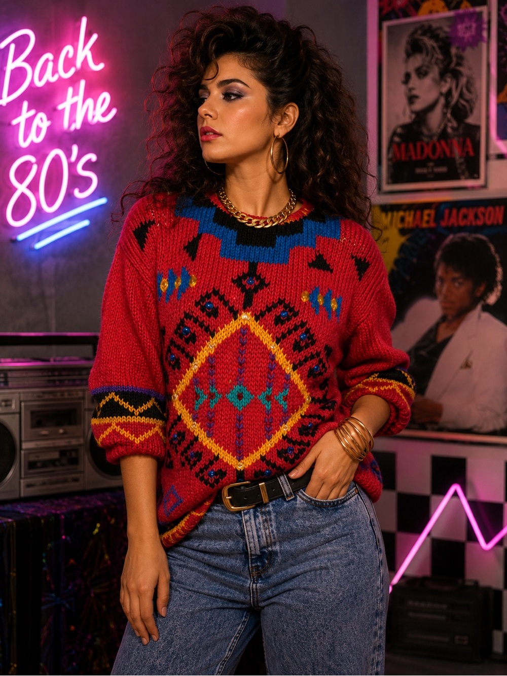 Vintage VTG 80s Western Cowgirl Aztec Tribal Red Geometric Knit Sweater